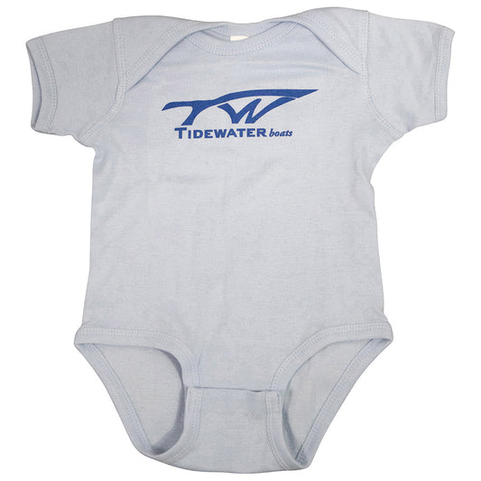 Light blue baby bodysuit with a royal blue Tidewater Boats logo on the chest.