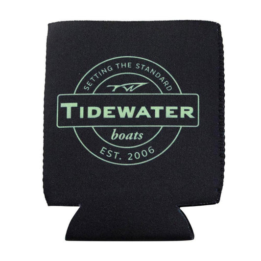 Black beverage koozie with a mint Tidewater boats logo and establishment date.