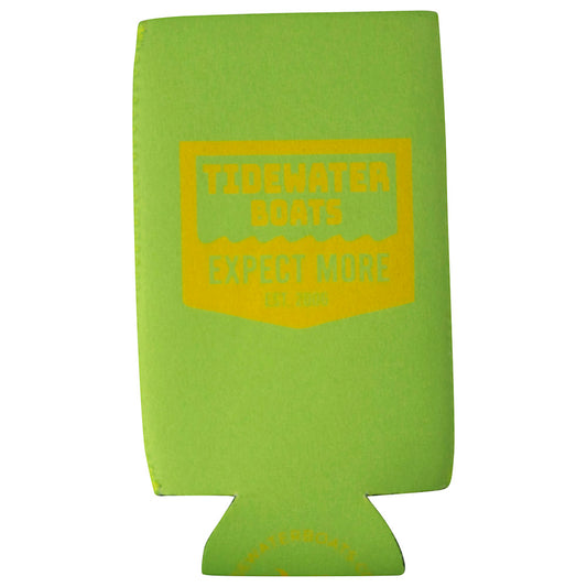 Green beverage koozie with 'Tidewater Boats' and 'Expect More' printed in yellow.