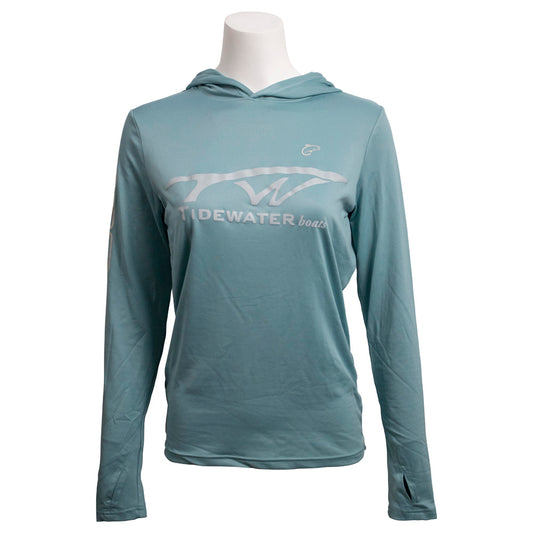 Light blue ladies long-sleeve hoodie with a white tidewater chest logo.