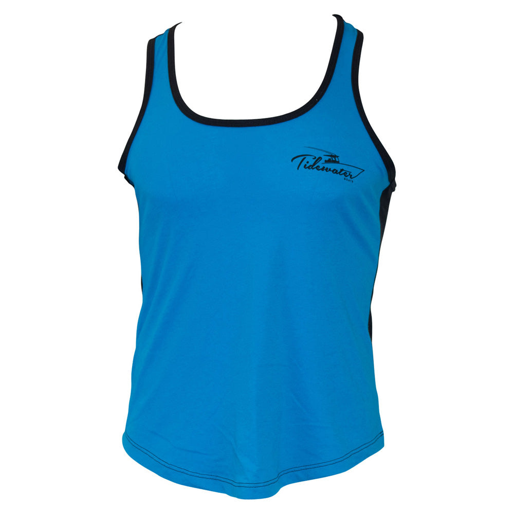 Blue tank top with a black trim and tidewater logo on the left chest.