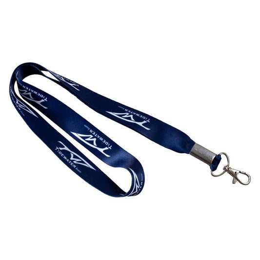 Navy blue lanyard with white tidewater logo pattern and a silver clip.