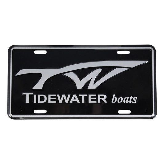White tidewater boats logo on a black license plate.