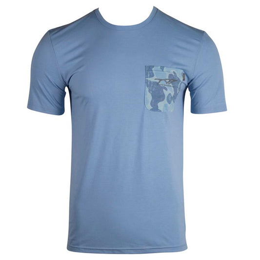 A light blue short-sleeve t-shirt with a camo chest pocket and the tidewater boats logo in grey.