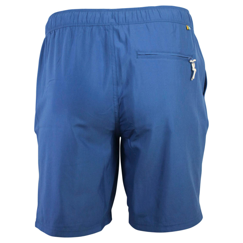 Back view of blue shorts with an elastic waistband and a zip pocket.