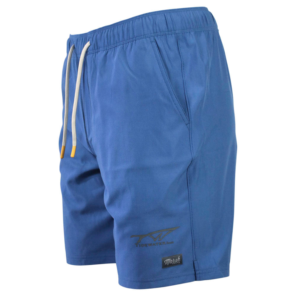 Blue athletic shorts with a white drawstring and a grey tidewater logo on the leg.