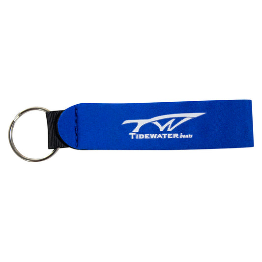 A blue keychain strap with a metal keyring and the Tidewater Boats logo in white.