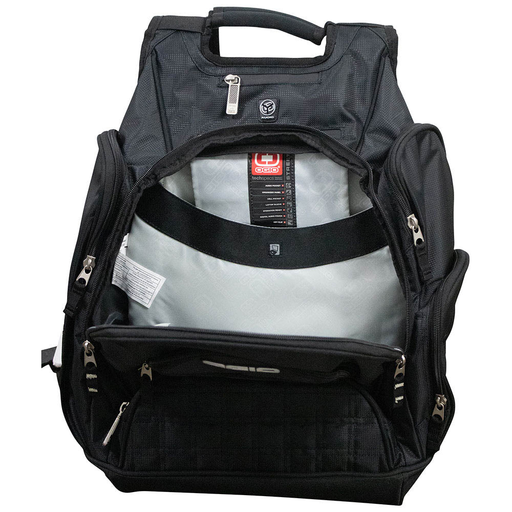 Open black backpack showcasing interior compartments and organization features.