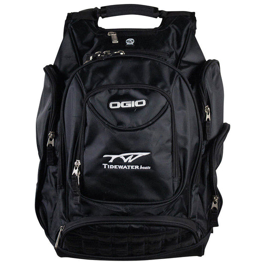 Black Ogio Tidewater golf backpack with multiple zippers and pockets, featuring the tidewater logo in white on the front pocket.