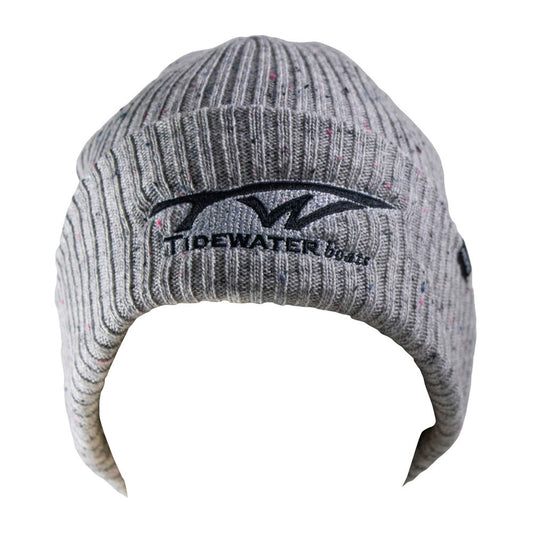 Gray ribbed beanie hat with a black Tidewater Boats logo across the cuff.