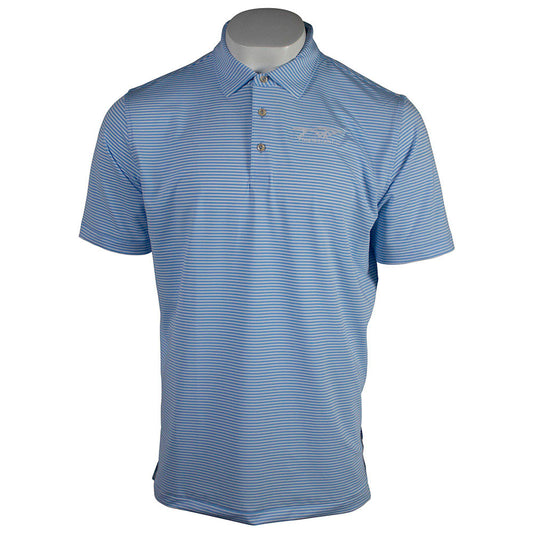 Blue and white striped polo shirt with a white tidewater logo on the left chest.