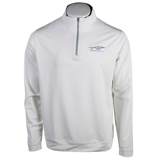 White long-sleeve quarter-zip pullover featuring a small tidewater logo on the chest.