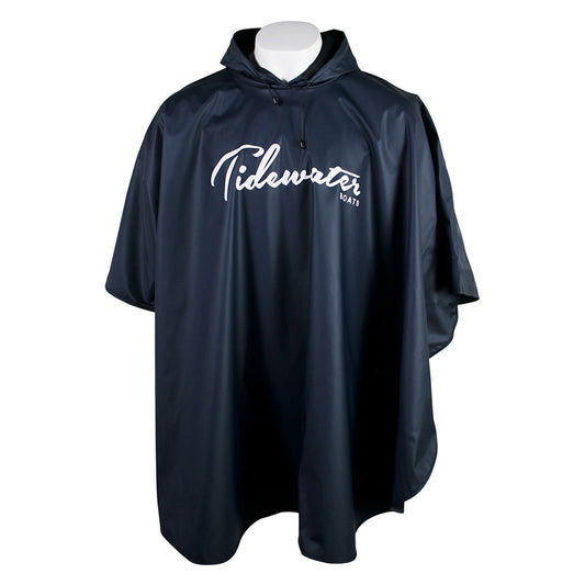 Navy blue waterproof poncho with a hood and white Tidewater logo.
