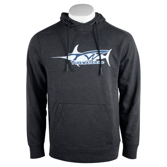 Dark grey hoodie with a white marlin graphic and 'Tidewater' text in blue.
