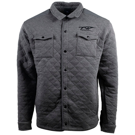 Gray quilted shirt jacket with a button front, chest pockets, and tidewater logo in black on the left chest.