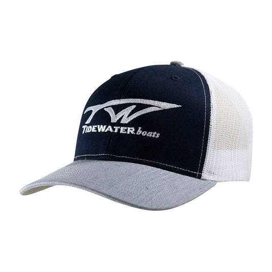 Navy and gray baseball cap with a white mesh back and Tidewater Boats logo on the front.