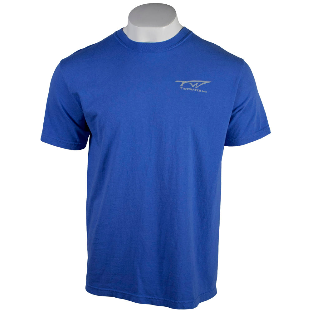 Blue short-sleeve t-shirt with the tidewater logo on the left chest in grey.