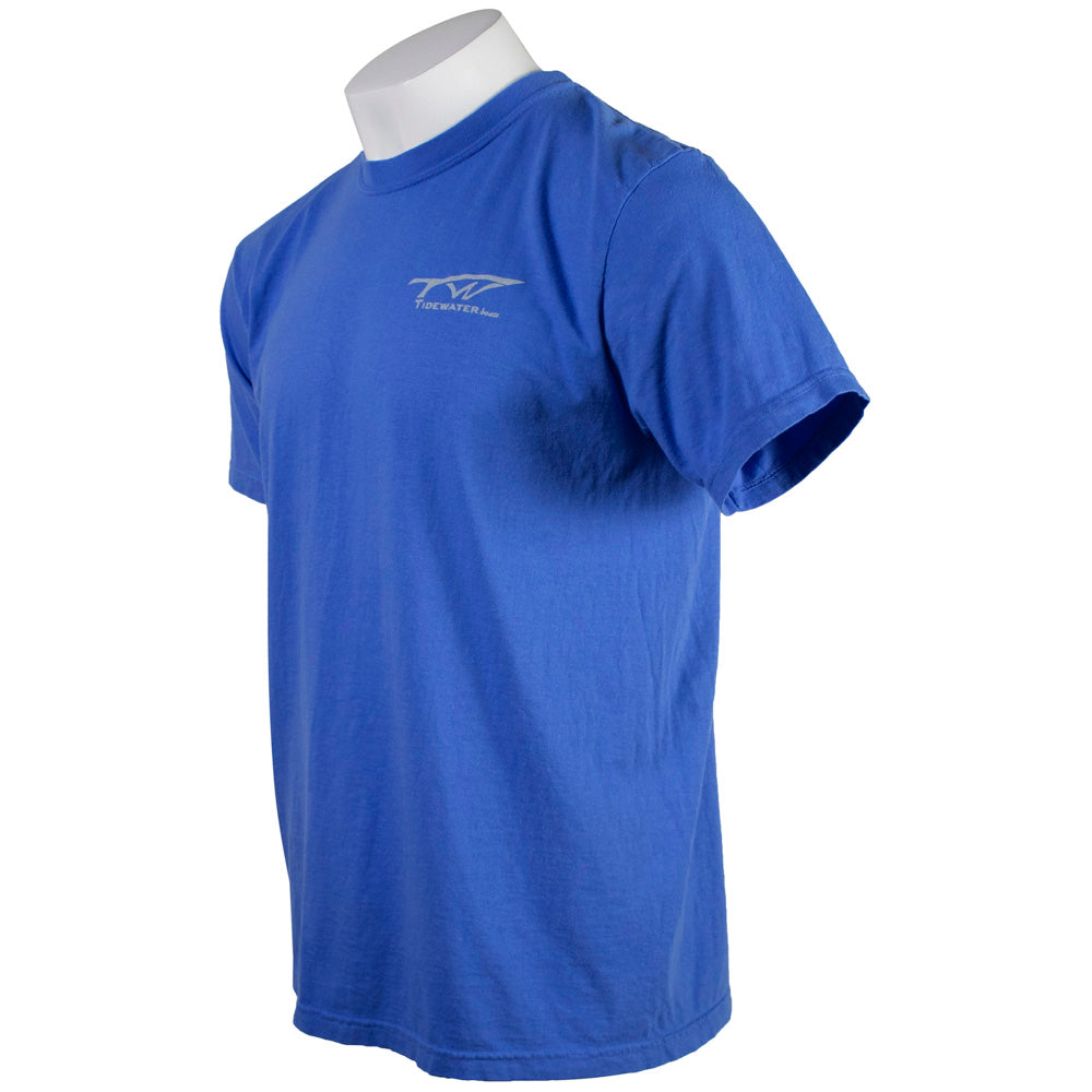 Side of a blue short-sleeve T-shirt with a grey tidewater logo.