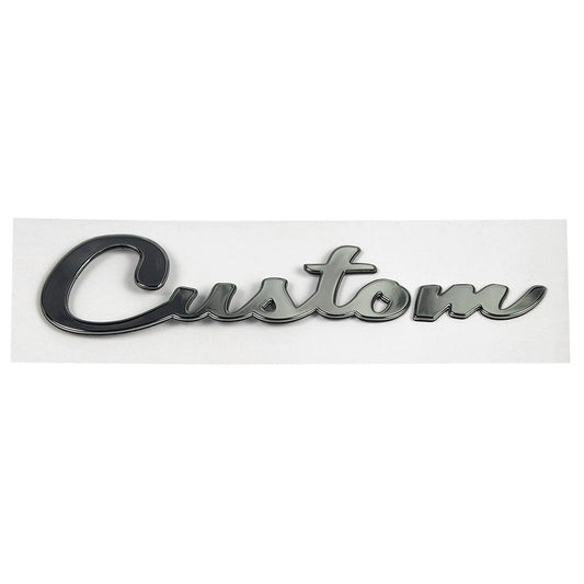 Metallic 'Custom' decal on a white background