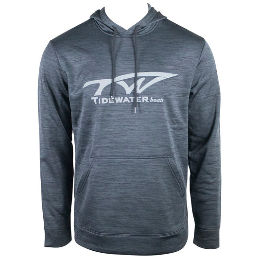 A gray heathered hoodie with a white Tidewater Boats logo on the front.