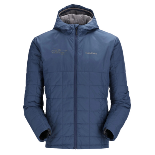 Blue insulated jacket with a hood and featuring the tidewater logo in grey on the right chest.