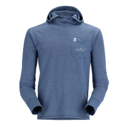 Blue long-sleeve hoodie with a front pocket containing the tidewater logo in grey.