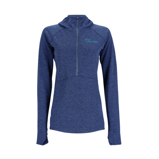 Navy blue athletic long-sleeve hooded top with a half zipper and a teal tidewater logo on the chest.