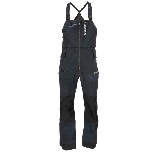Dark waterproof fishing bib overalls with adjustable straps and multiple pockets, featuring the tidewater logo on the right chest.