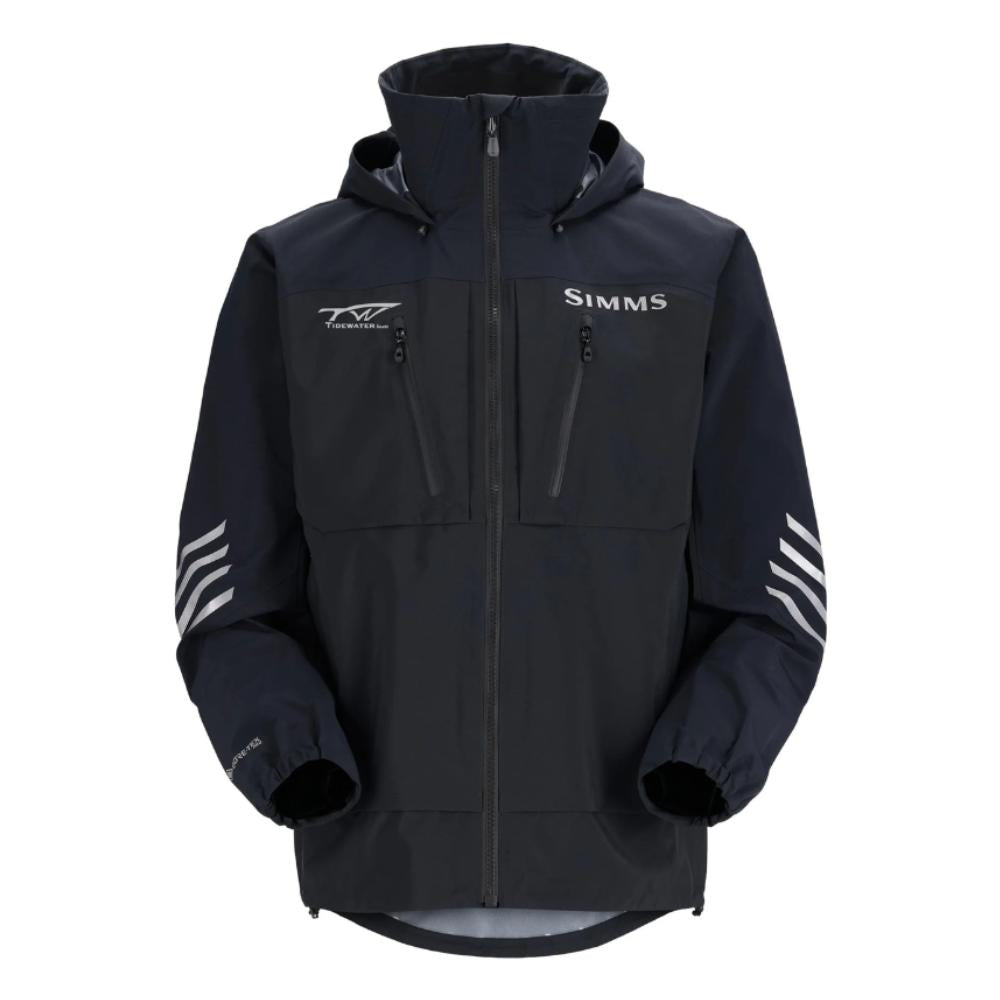 Men's black waterproof jacket with a hood, collar, and reflective stripes. The chest features both the simms logo and tidewater logo.
