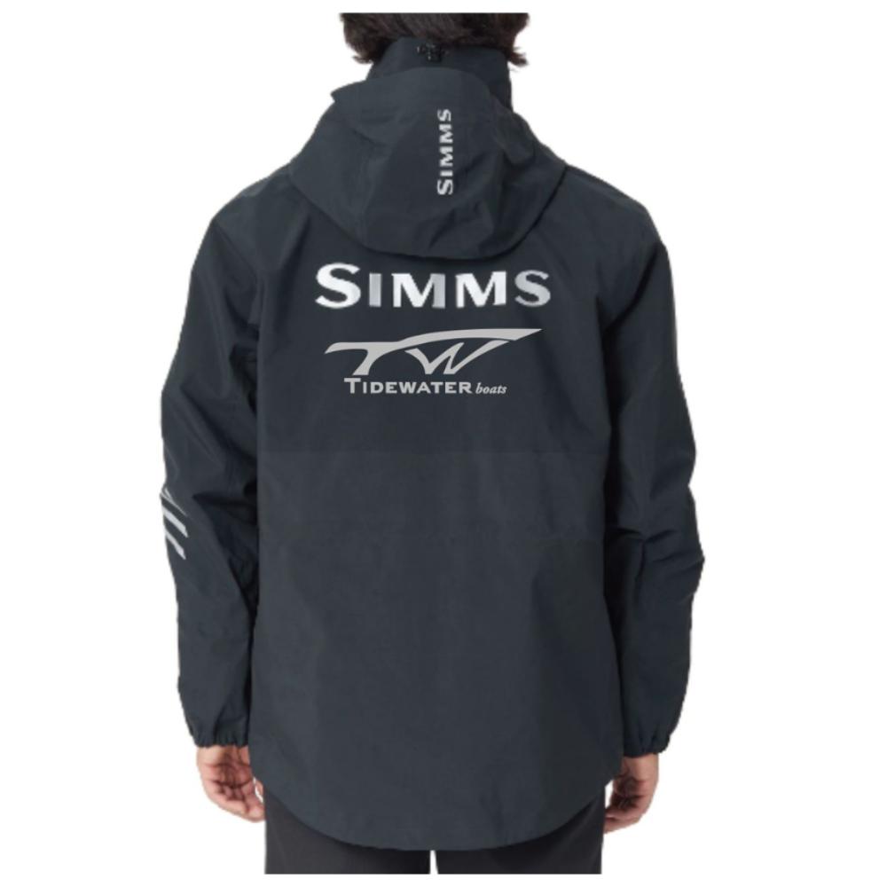 Person wearing a black Simms Tidewater jacket, viewed from the back.