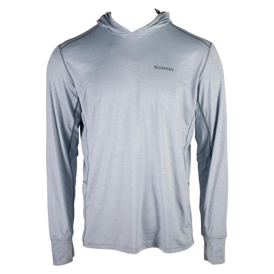 Light gray hooded long-sleeve with a simms logo on the left chest.