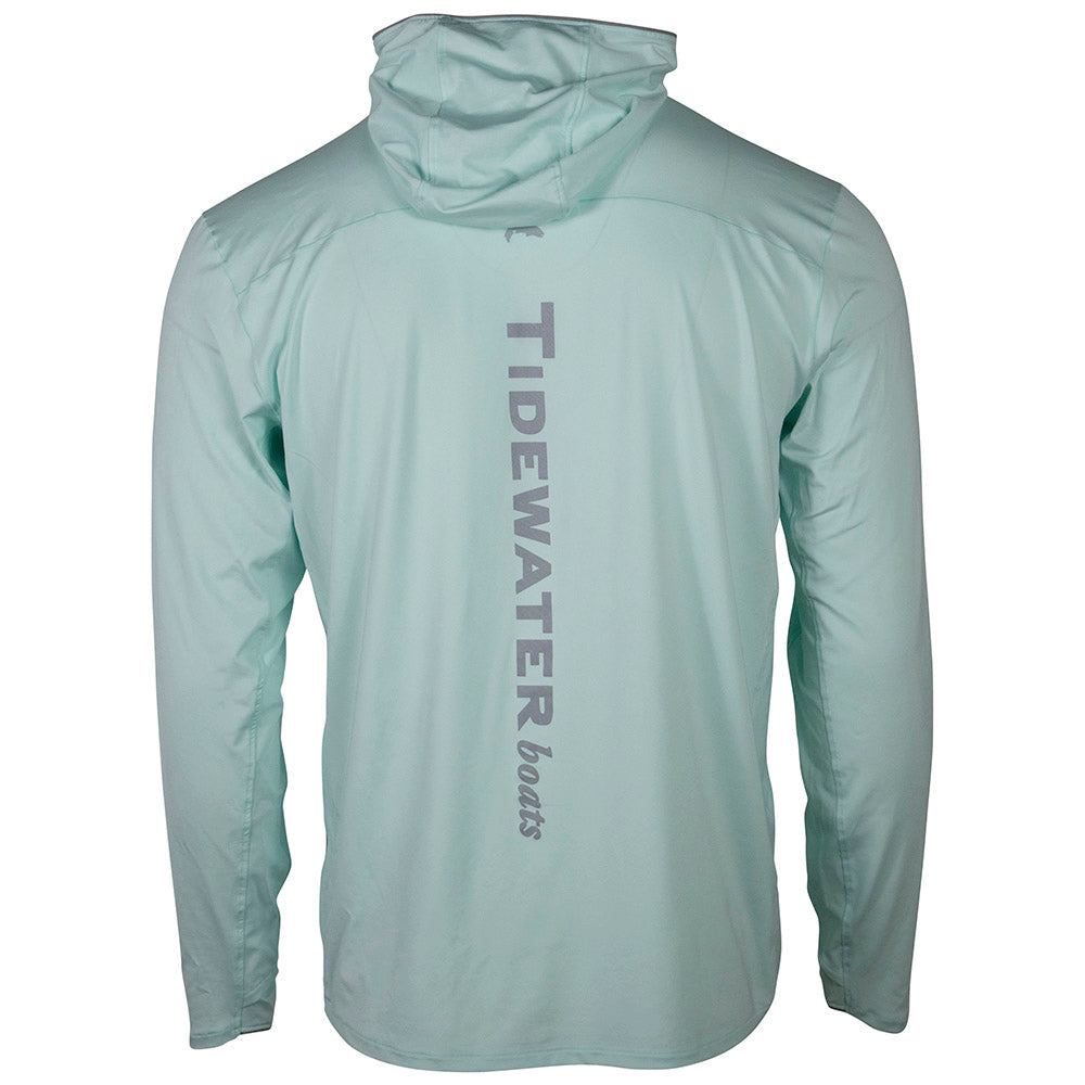 Light green long-sleeve hoodie with 'TIDEWATER boats' printed down the spine.