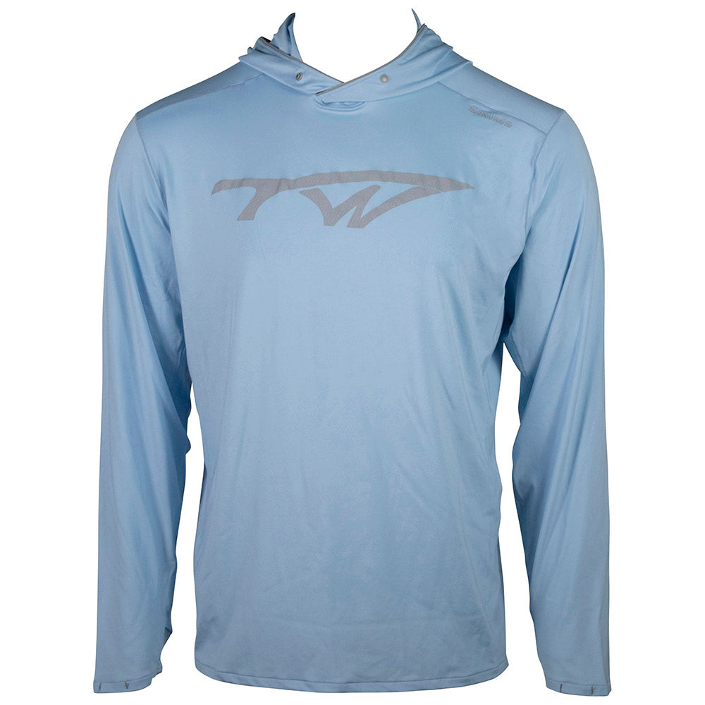 Light blue long-sleeve hoodie with a light grey tidewater logo on the front.