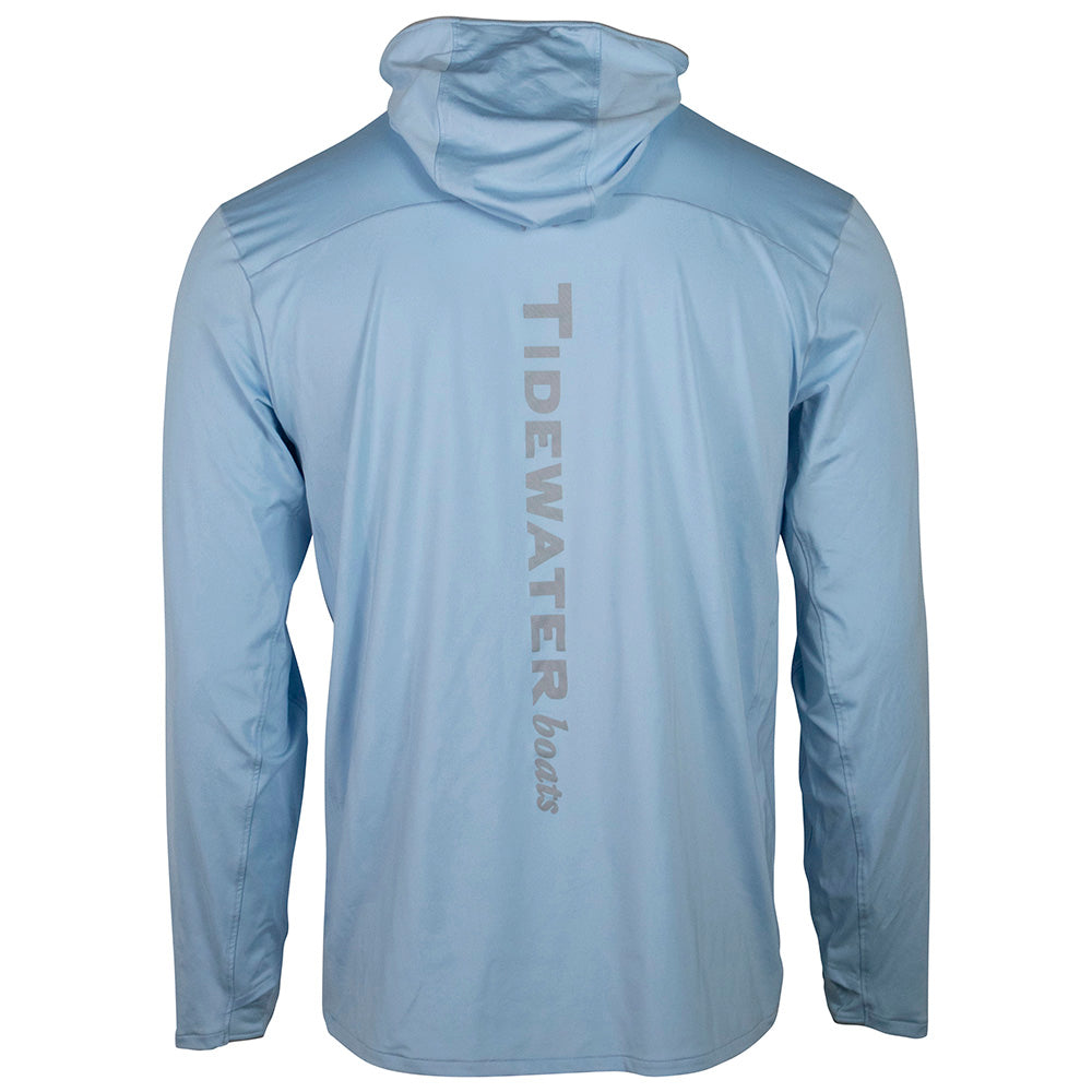 Light blue long-sleeve hoodie with the text 'TIDEWATER boats' down the spine.