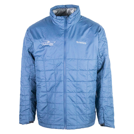 A blue quilted puffer jacket with a zip-up front and simms and tidewater logos on the chest.