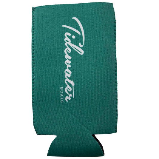 A teal neoprene drink koozie with the text 'Tidewater Boats' printed in white.