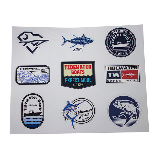 Collection of Tidewater Boats stickers featuring various fish designs and tidewater logos.