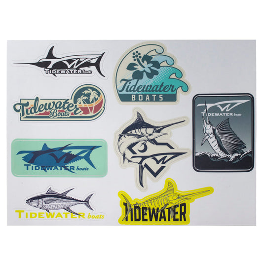 Collection of 8 Tidewater Boats stickers featuring marine designs and imagery.