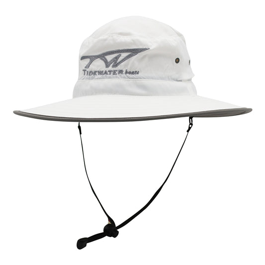 White wide-brimmed hat with a black chin strap and a grey tidewater logo across the front.