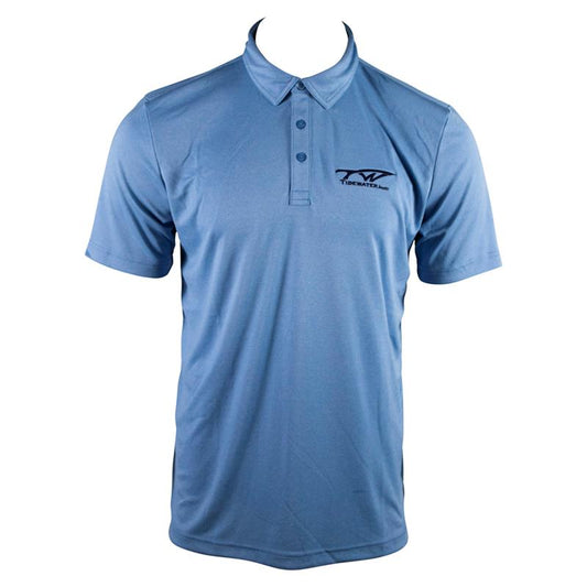 Light blue polo shirt with a collar and a black tidewater logo on the chest.