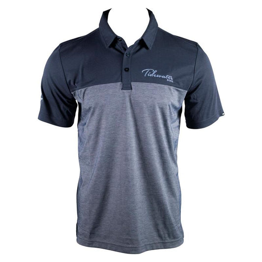 Men's short-sleeve polo shirt in shades of grey with a grey embroidered tidewater logo on the left chest.