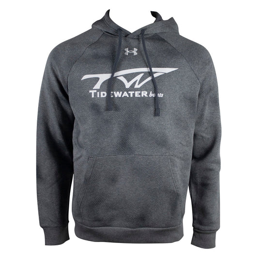 A textured grey hoodie with a white tidewater logo on the front and the under armour logo under the collar.