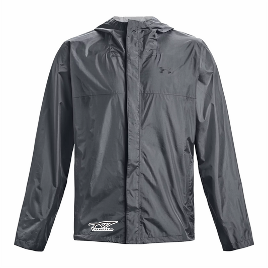 A black windproof jacket with a hood and tidewater logo printed at the bottom.