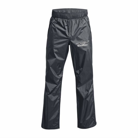 Black waterproof pants with an elastic waistband and the tidewater logo printed on the hip.