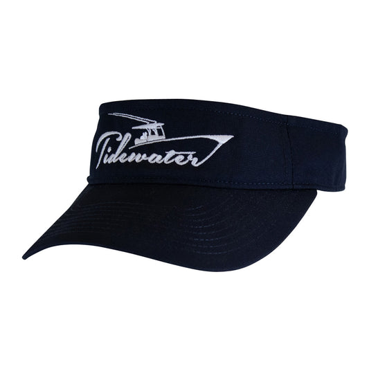 Navy blue visor hat with a white 'Tidewater' logo sewn across the front.