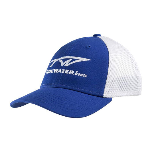 Blue and white cap with a white 'Tidewater boats' logo sewn across the front.