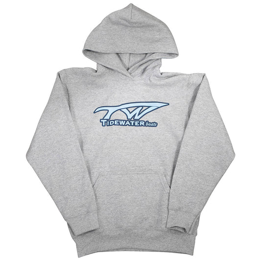 Gray hoodie with a light and dark blue Tidewater Boats logo across the chest.