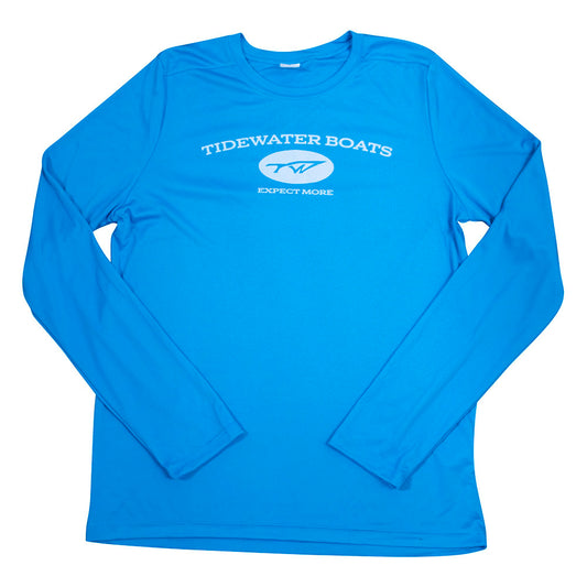Long-sleeve blue shirt with a white Tidewater Boats logo across the chest.