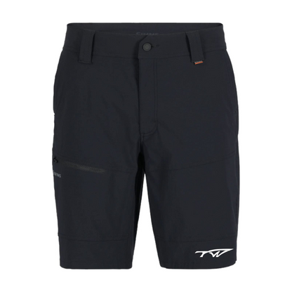 Black men's cargo shorts with a zippered thigh pocket and a white tidewater logo on the leg. 