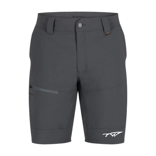 Gray fishing shorts with a zippered pocket on the thigh and a white tidewater logo on the left leg.